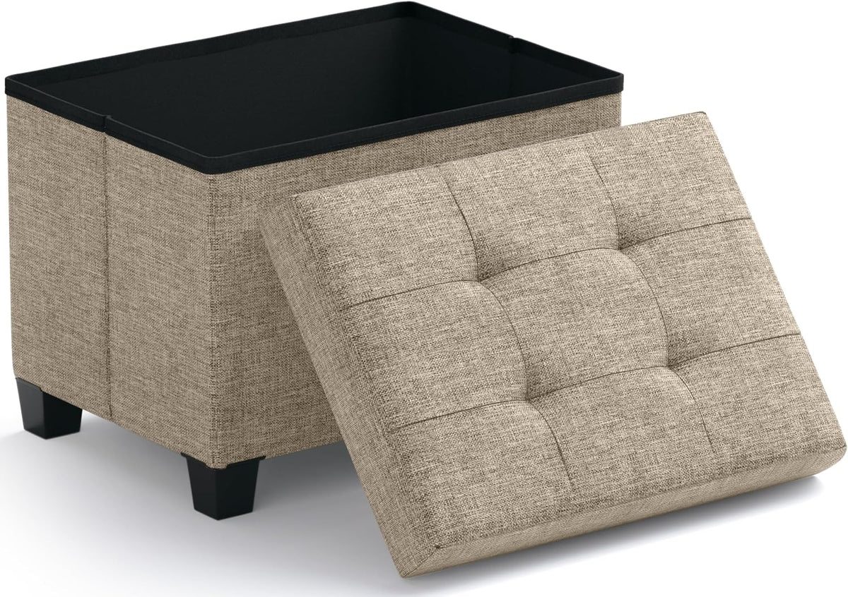Ornavo Home Small Rectangle Storage Ottoman with Legs, 12x16x12, Tan/Taupe | Foot Rest Stool Seat; Holds Up to 600 lbs; Ideal for Living Room, Bedroom, Home Office or Dorm