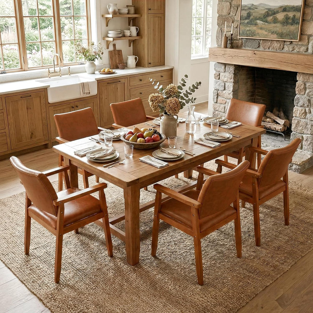 NOBPEINT Mid-Century Modern Dining Chairs with Armrest Set of 2, PU Leather Upholstered Dining Room Chairs with Solid Wood Frame, Walnut Kitchen Armchairs for Kitchen Living Room Restaurant, Brown