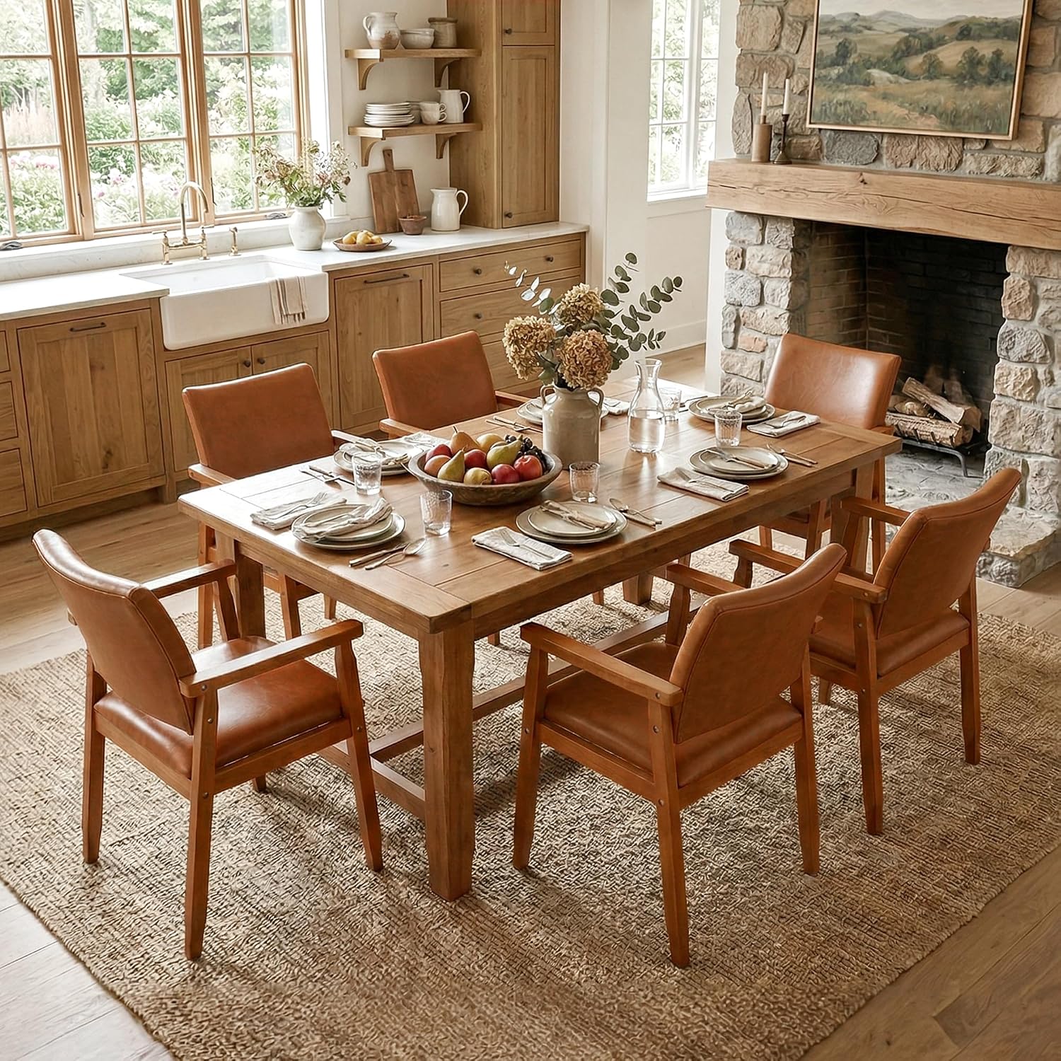 NOBPEINT Mid-Century Modern Dining Chairs with Armrest Set of 2, PU Leather Upholstered Dining Room Chairs with Solid Wood Frame, Walnut Kitchen Armchairs for Kitchen Living Room Restaurant, Brown