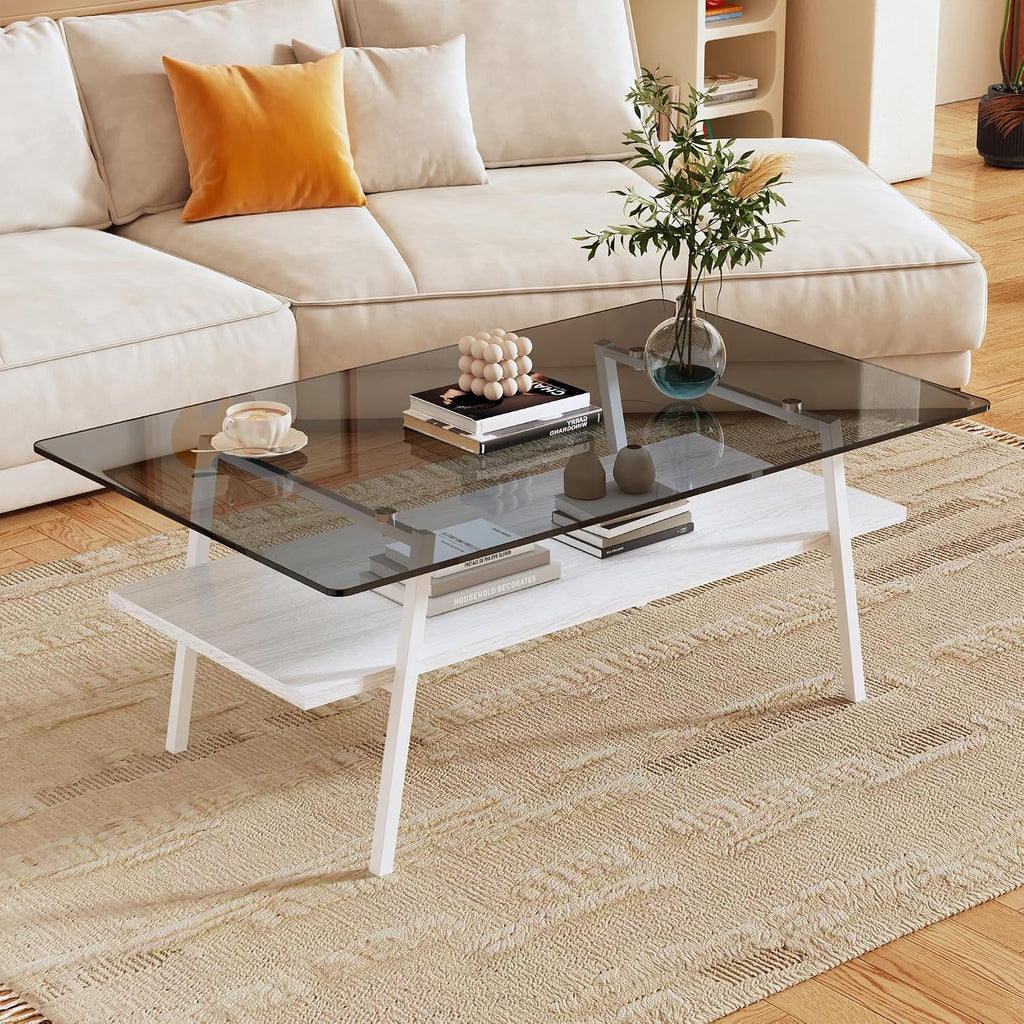 3-Piece Glass Coffee Table and End Table Sets for Living Room, Modern Living Room Tables Set of 3 Tempered Glass Coffee Table & 2 End Side Table with Storage for Small Spaces (3, Gray White)