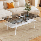 3-Piece Glass Coffee Table and End Table Sets for Living Room, Modern Living Room Tables Set of 3 Tempered Glass Coffee Table & 2 End Side Table with Storage for Small Spaces (3, Gray White)