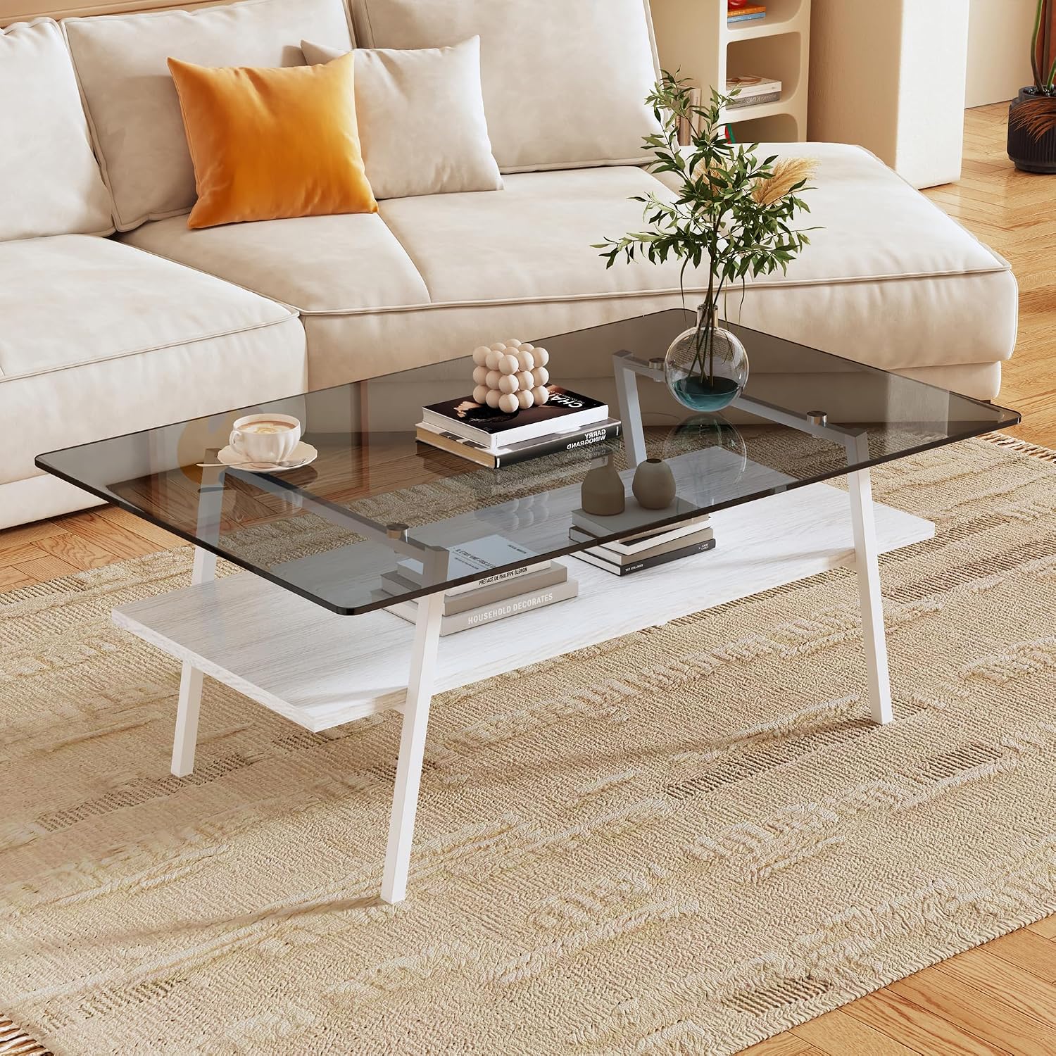 3-Piece Glass Coffee Table and End Table Sets for Living Room, Modern Living Room Tables Set of 3 Tempered Glass Coffee Table & 2 End Side Table with Storage for Small Spaces (3, Gray White)