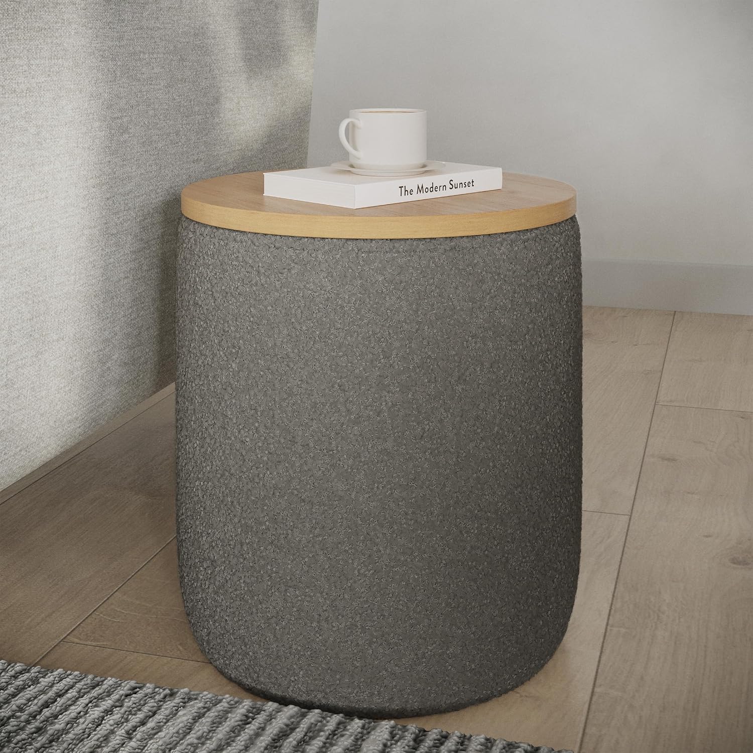 Storage Ottoman - Teddy Fabric Upholstered Ottoman with Wood Top for Living Room, Dorm, or Apartment - Ottomans with Storage by Lavish Home (Dark Gray)