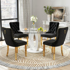 RGZ 39'' Modern Luxury Clear Glass Round Dining Table for 4-6, Glass Circle Top Kitchen Table with Elegant Gold Decorative Strips & White Base, Small Apartment Dinner Table for Home, Living Room