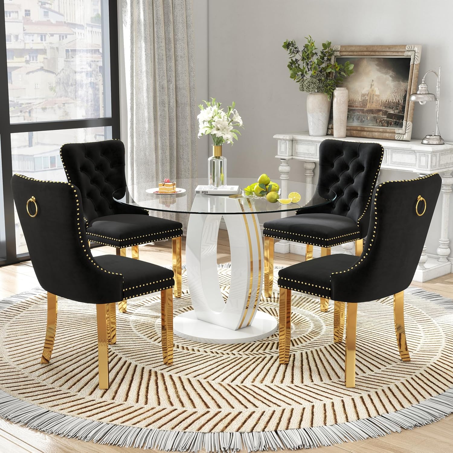 RGZ 39'' Modern Luxury Clear Glass Round Dining Table for 4-6, Glass Circle Top Kitchen Table with Elegant Gold Decorative Strips & White Base, Small Apartment Dinner Table for Home, Living Room
