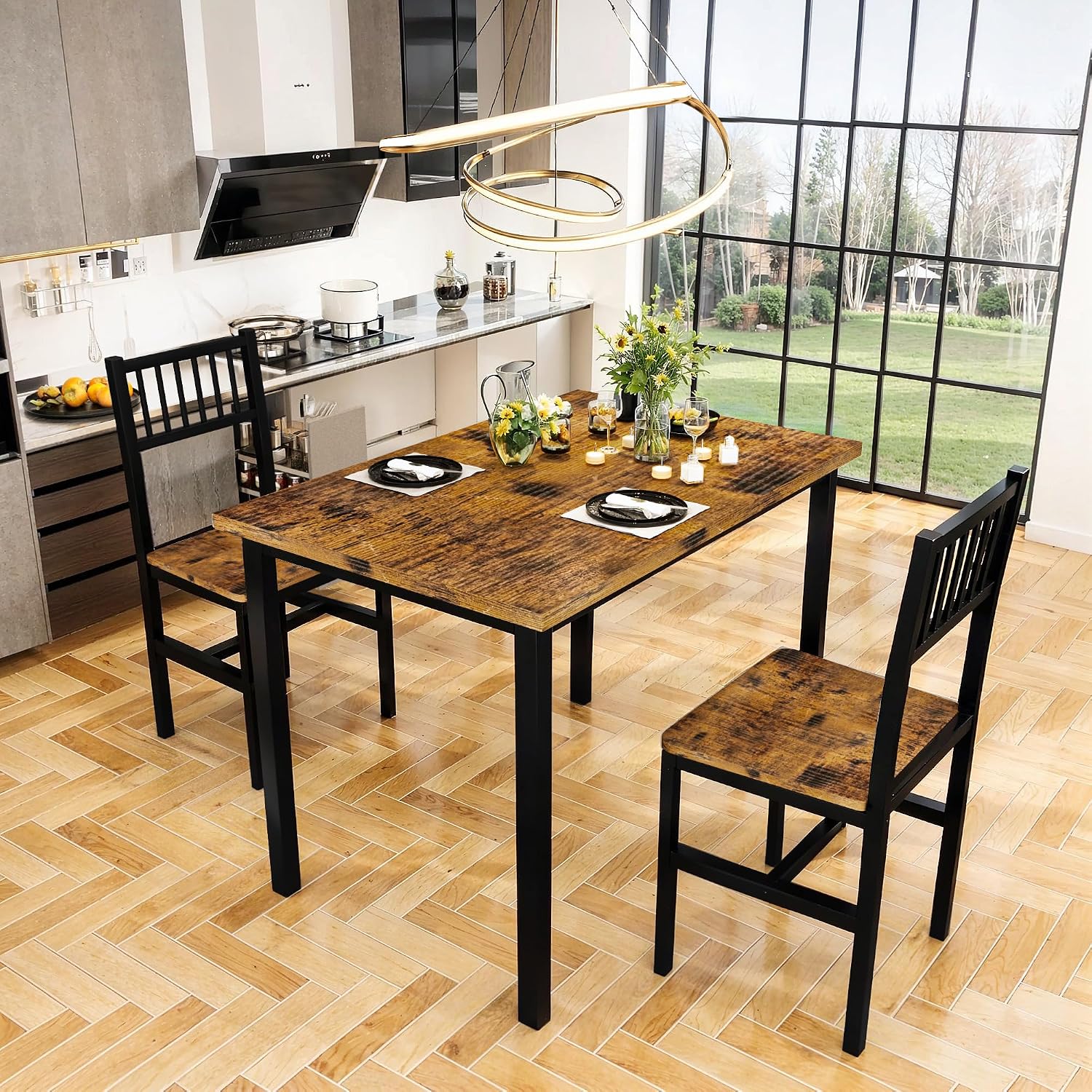 3 Piece Dining Table Set for 2, Small Wooden Kitchen Table Set with Chairs, Space Saving Breakfast Nook Table and Chairs Set of 2, Modern Dinette Set for Dining Room, Apartment, Small Space, Brown