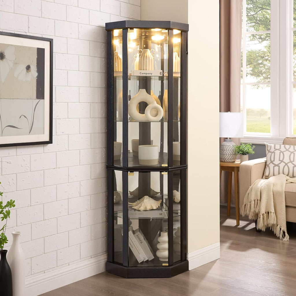 Lighted Corner Curio Cabinet - Elegant Glass Display Case for Living Room & Bar Storage - Perfect for Antique Collections & Wine - Includes Built-in Lighting - Black