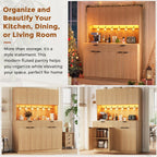 Jocoevol Fluted Kitchen Pantry Storage Cabinet with Charging Station/LED Light/Doors/Shelves, 71'' Tall Kitchen Food Hutch with Microwave Stand for Dining Room Living Room (Natural, 47 * 15.7 * 71)