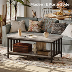 Homeiju Coffee Table for Living Room with Slatted Sides Frame, Modern Farmhouse Living Room Table with 2-Tier Storage Shelf for Home Office, Apartment, Grey Wash, 39 inch