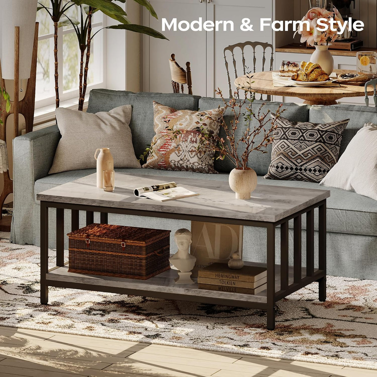 Homeiju Coffee Table for Living Room with Slatted Sides Frame, Modern Farmhouse Living Room Table with 2-Tier Storage Shelf for Home Office, Apartment, Grey Wash, 39 inch