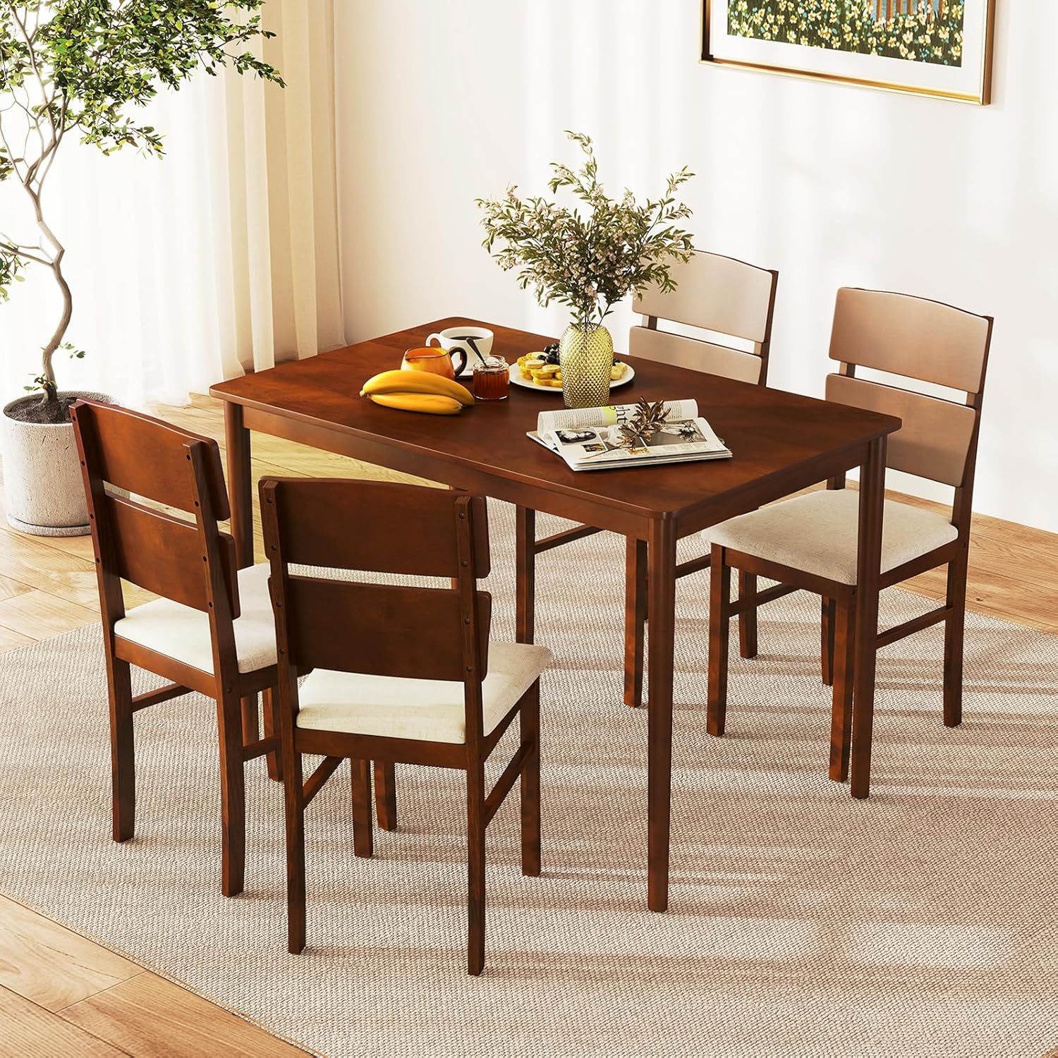 Tangkula Dining Table Set for 4, Dinette Set with Table and 4 Padded Seat, Rubber Wood Legs, Curved Backrest, Mid-Century Modern Kitchen Table and Chairs Set of 4 for Living Room, Dining Room