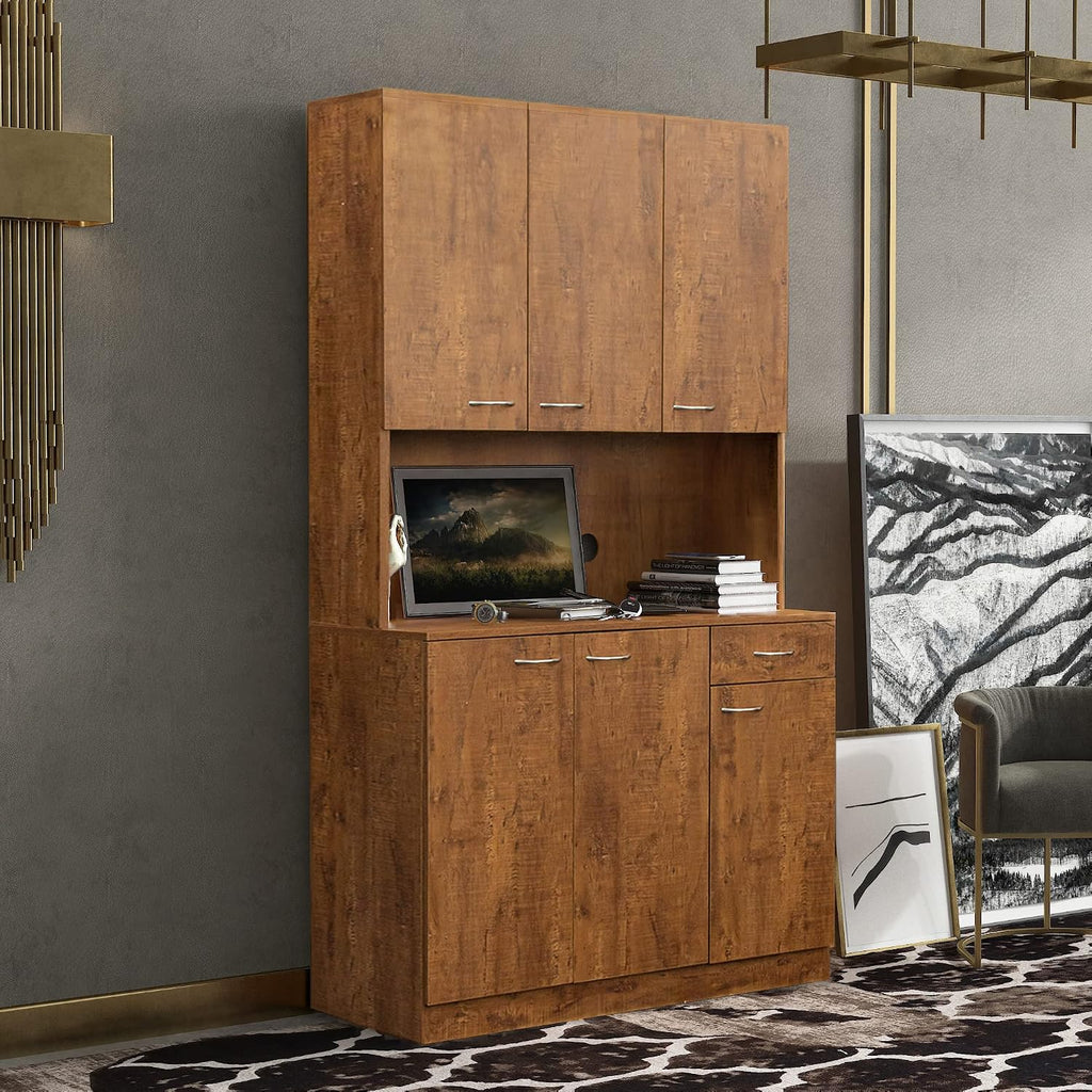 LUMISOL Pantry Sideboard, Solid Wood Kitchen Pantry Storage Cabinet, 70.87” Tall Sideboard with 6 Doors, 1 Open Shelves and 1 Drawers for Living Room, Kitchen, Dining Room, Brown