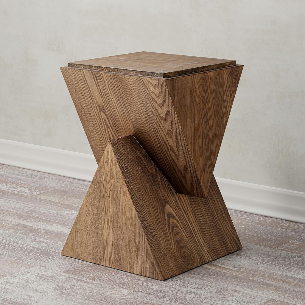 COZAYH Modern Geometric Wood Grain End Table, Fully Assembled, Brown | Farmhouse Structural Design Side Table with Sculptural Pedestal Base for Living Room, Bedroom, Office