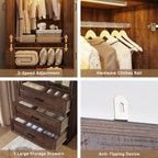 75" Tall Farmhouse 4 Doors Armoire Wardrobe Closet with 3 Drawers and LED,Freestanding Closet Wardrobe Cabinet for Bedroom with Hanging Rod,Wooden Armoire Storage Cabinet with Adjustable shelve(Brown)
