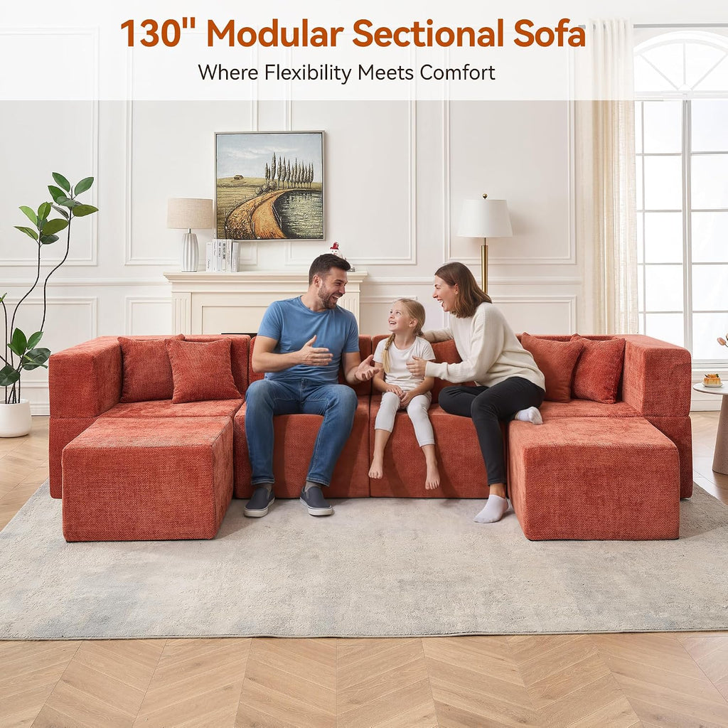 MONVANE Modular Sectional Cloud Couch for Living Room - 130'' 6 Seater Convertible Chenille Couches Set with Ottoman, No Assembly Compression Sofas, Comfy Floor Sofa with Memory Foam, Rust Red