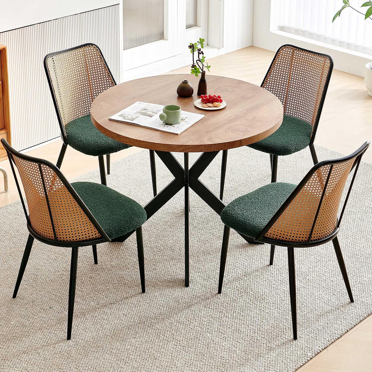 NORDICANA Dining Table Set for 4, Wooden Round Table and Wicker Chairs, 5-Piece Modern Kitchen Dinette Set for Breakfast Nook, Green Boucle Seat