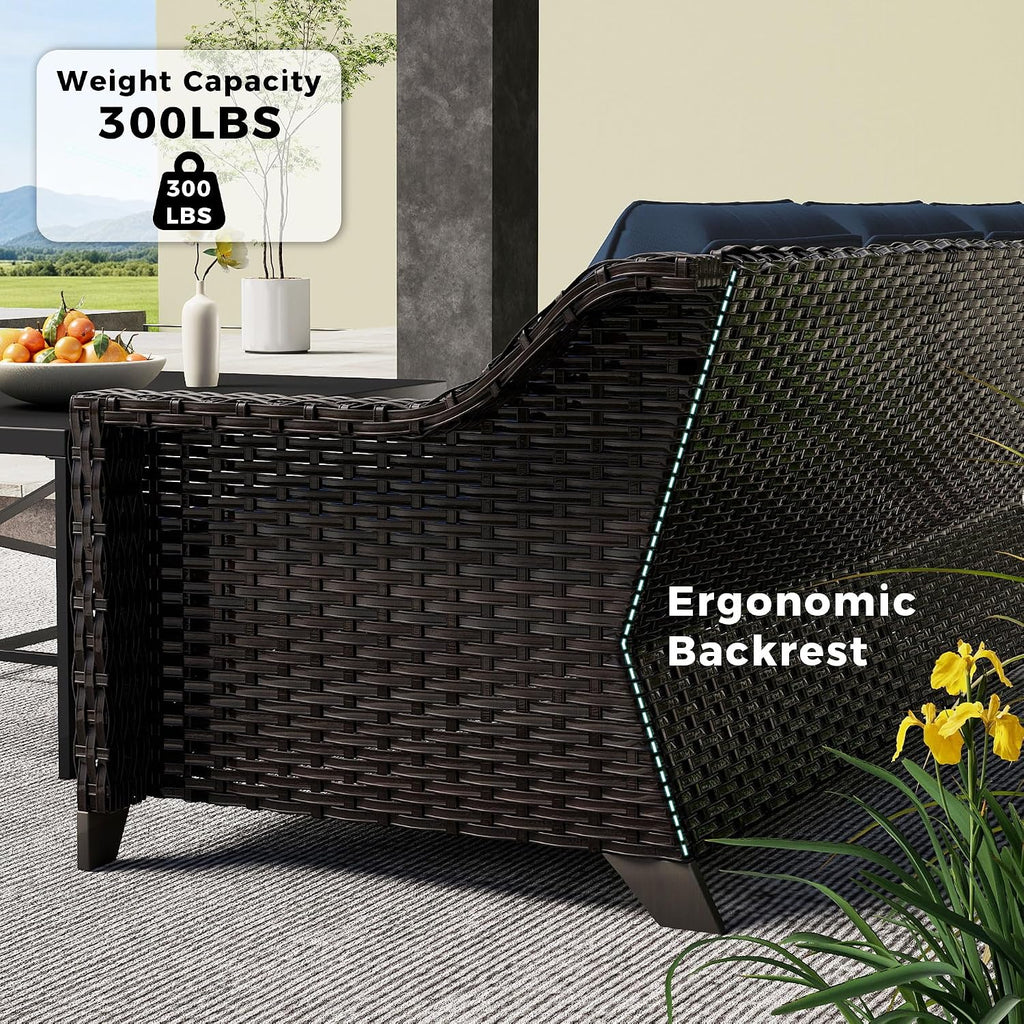 Outdoor Couch, Wicker Outdoor Conversation Set | Patio Couch with Olefin Removable Cushion, All-Weather Wicker Sofa with Deep Seat for Porch, Deck and Backyard, Blue