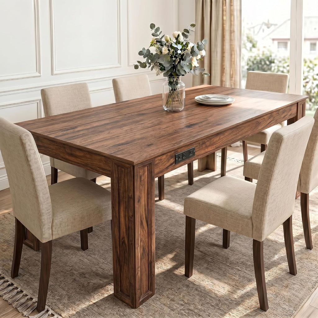 Farmhouse Dining Table for 6-8 People, 71-Inch Wooden Kitchen Table with 2 Drawers,Rectangular Dining Table with Charging Station for Dining Room, Kitchen, Home Office,Walnut Wood