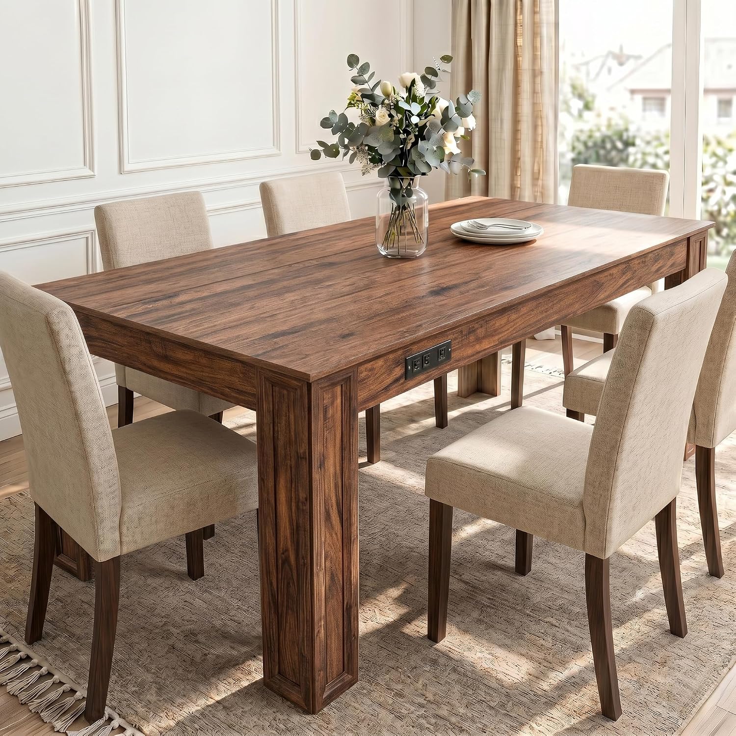Farmhouse Dining Table for 6-8 People, 71-Inch Wooden Kitchen Table with 2 Drawers,Rectangular Dining Table with Charging Station for Dining Room, Kitchen, Home Office,Walnut Wood