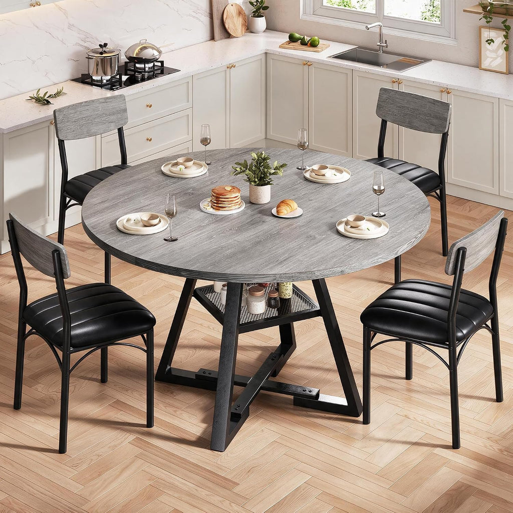 Dining Table Set for 4,Kitchen Table and Chairs for 4, Round Dining Room Table with Upholstered Chairs, 5 Piece Space Saving Circle Wood Kitchen & Dining Room Dinner Dinette Table Set (Gray, 42In)