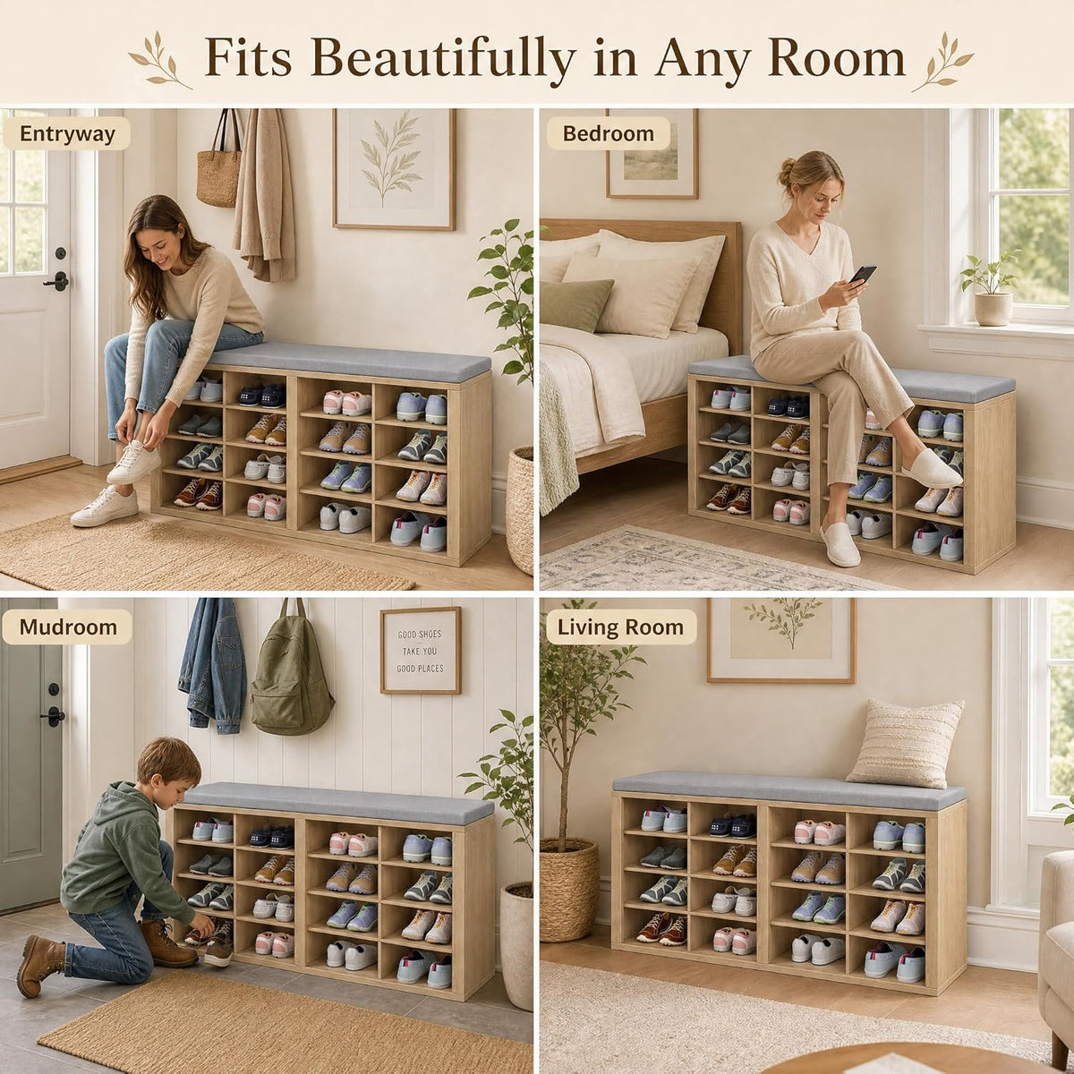 Shoe Storage Bench with Cushion, 16-Cubby Entryway Bench with Adjustable Shelves, 23" Tall Heavy Duty 700 lb Capacity, for Bedroom, Hallway, Mudroom