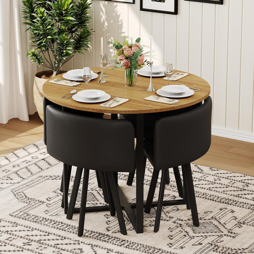 39.5" Round Dining Table Set for 4, 5 Piece Dining Table Set with 4 Tuck-Under Chairs, Farmhouse Kitchen Table Chairs Set, Space Saving Wood Round Dining Room Table Set for Apartments,Home