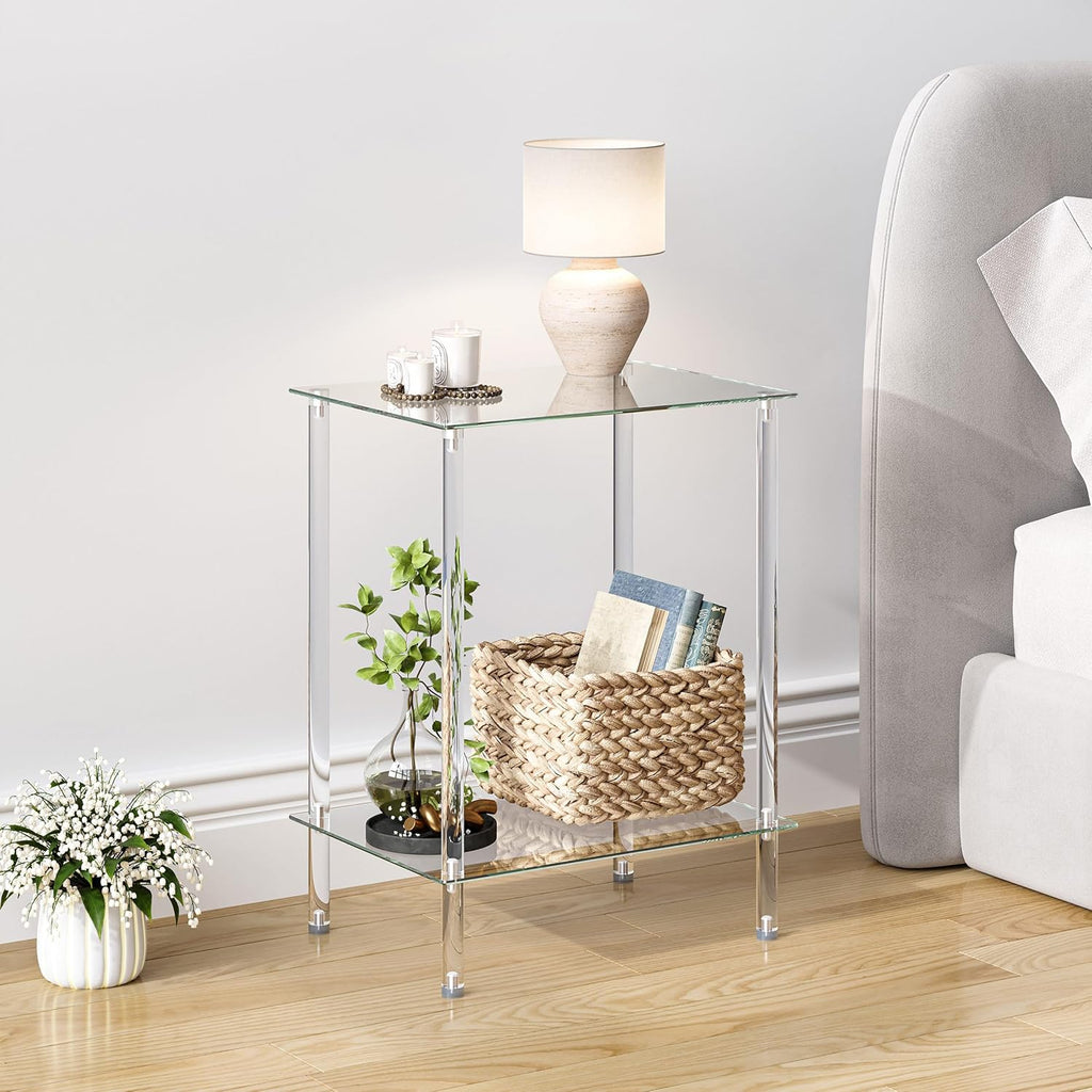 Tempered Glass Side Table, Acrylic End Table, 2-Tier Transparent Nightstand, Clear Coffee Table, for Small Spaces Living Room Bedroom Balcony Transparent LET518TR