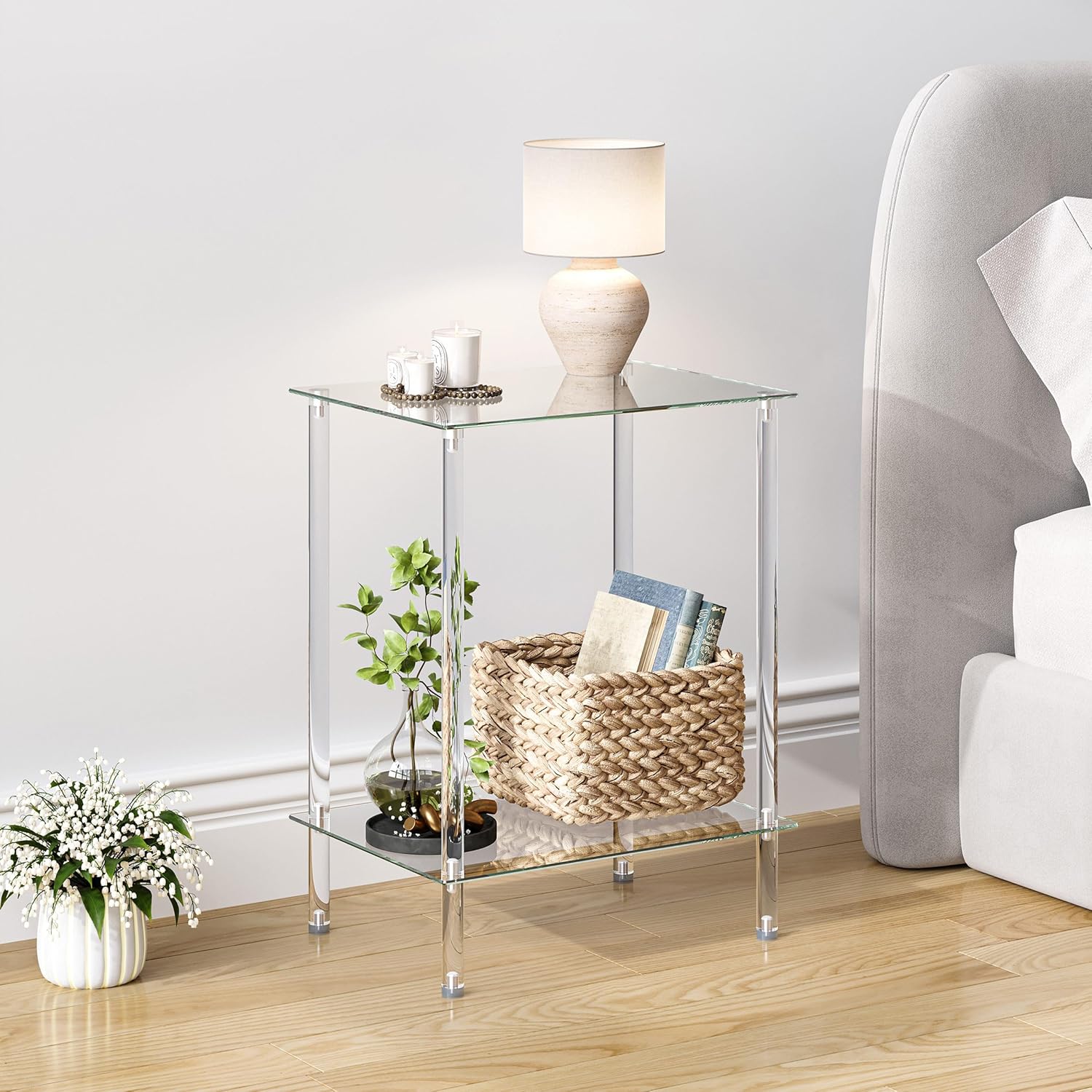 Tempered Glass Side Table, Acrylic End Table, 2-Tier Transparent Nightstand, Clear Coffee Table, for Small Spaces Living Room Bedroom Balcony Transparent LET518TR
