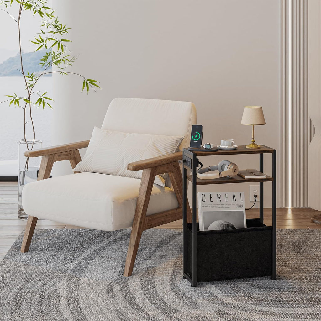 Leomonio Narrow Side Table, Slim End Tables with Fabric Basket, Skinny Table for Small Spaces, Thin Bedside Table for Living Room, Bedroom (1, Rustic Brown - Outlet)