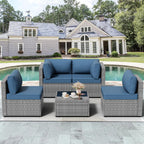 Vongrasig 5 Pieces Outdoor Sectional Furniture, All-Weather Rattan Patio Furniture Set, Wicker Patio Sectional Couch with Cushion, Glass Table, Navy Blue