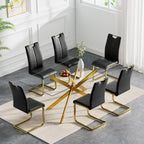 Henf Glass Dining Table Set for 6, 7 Piece Modern Kitchen Table and Chairs for 6,Gold Dining Room Table Set with 61" Glass Dinner Table & 6 Black Faux Leather Chairs for Small Space,Home, Apartment