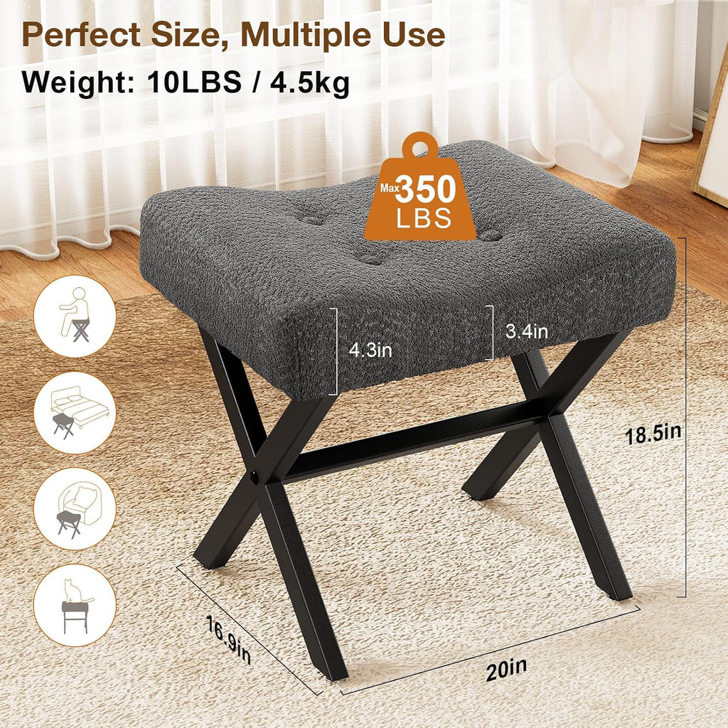 Memobarco 18-Inch Large Vanity Stool Chair, Gray Makeup Stool | Teddy Flannel Vanity Bench, Metal X-Leg, 350 LBS, 20"x16.9"x18", Ottoman Accent Stool, Breathable Soft Padded Saddle Seat