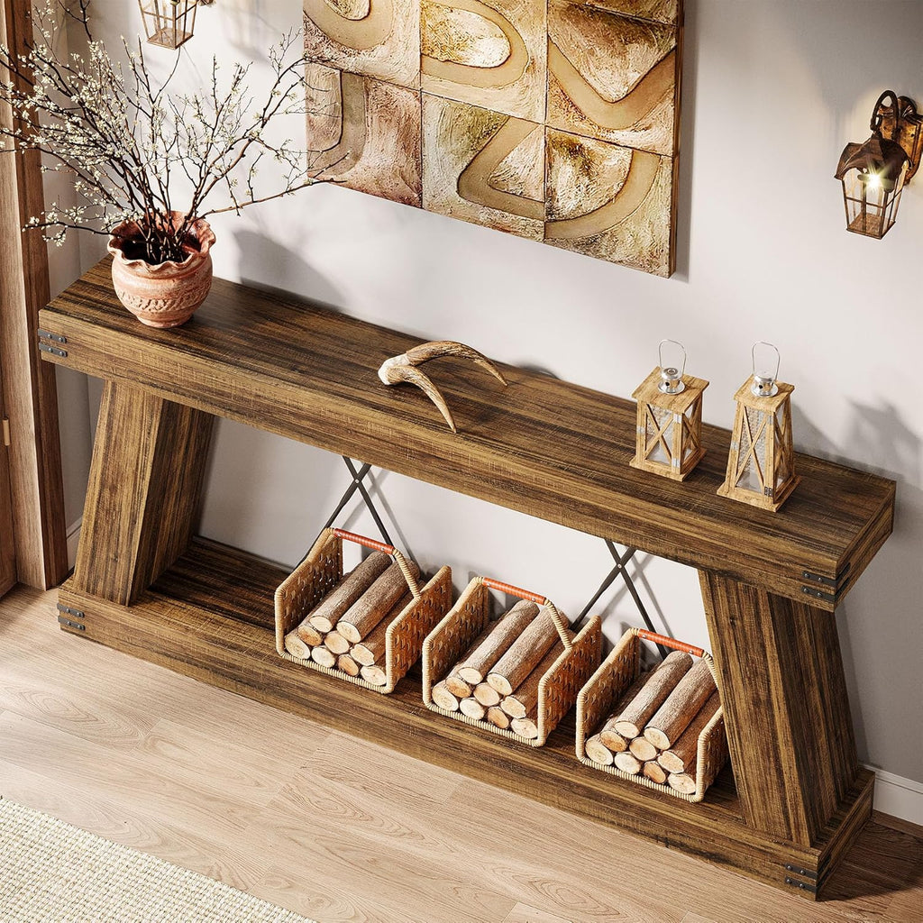 Tribesigns 70.9" Farmhouse Console Table, Long Sofa Table Behind Couch with Storage, Narrow Wooden Console Station, Industrial Rustic Entryway Furniture for Hallway, Entry, Living Room (1, Dark Brown)