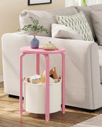 TUTOTAK Oval End Table with Woven Storage Basket, Pink Small Side Table for Living Room, Bedroom, TB01BP093