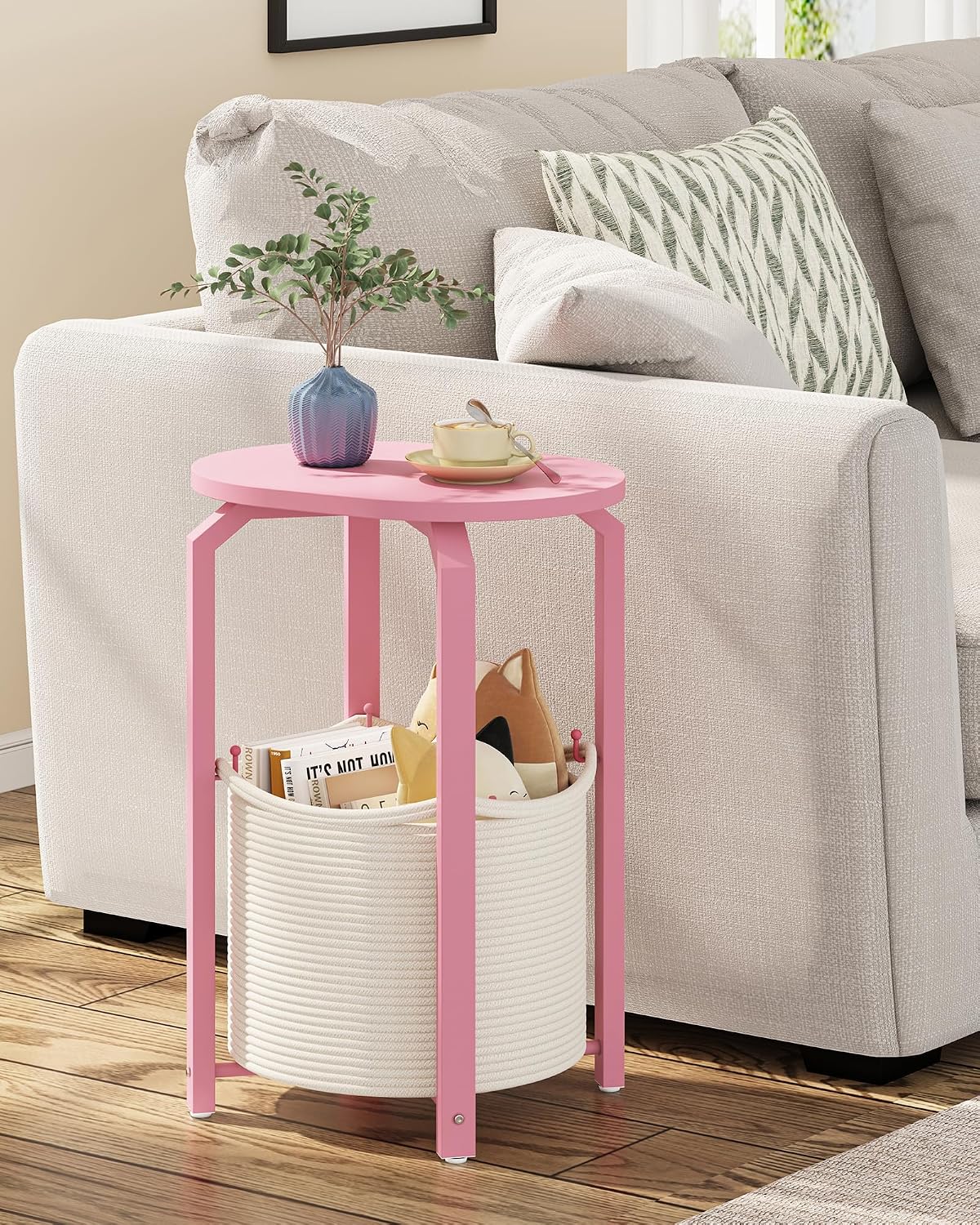 TUTOTAK Oval End Table with Woven Storage Basket, Pink Small Side Table for Living Room, Bedroom, TB01BP093