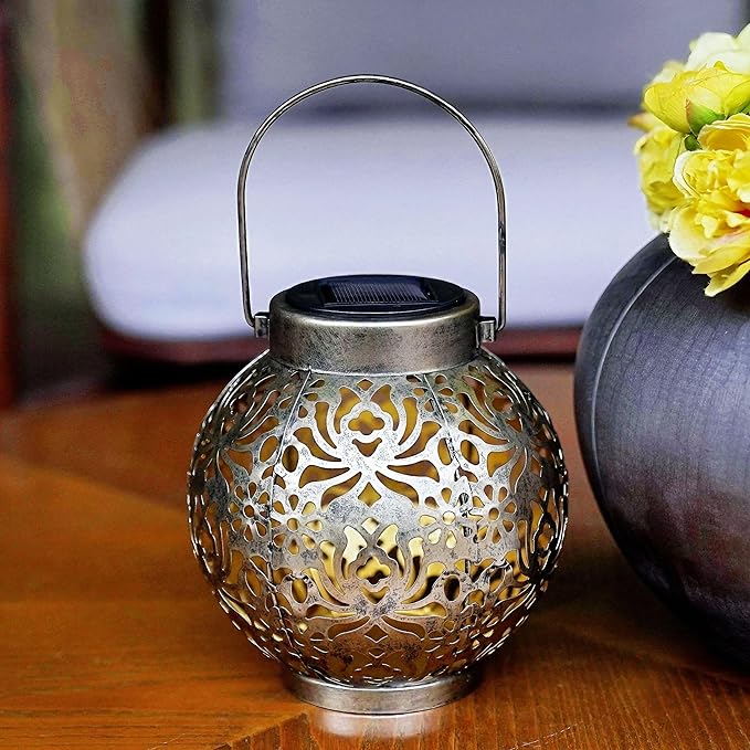 Outdoor Solar Hanging Lantern Lights Metal LED Decorative Lamp for Garden Patio Courtyard Lawn and Table with Hollowed-Out Design (Antique Bronze)