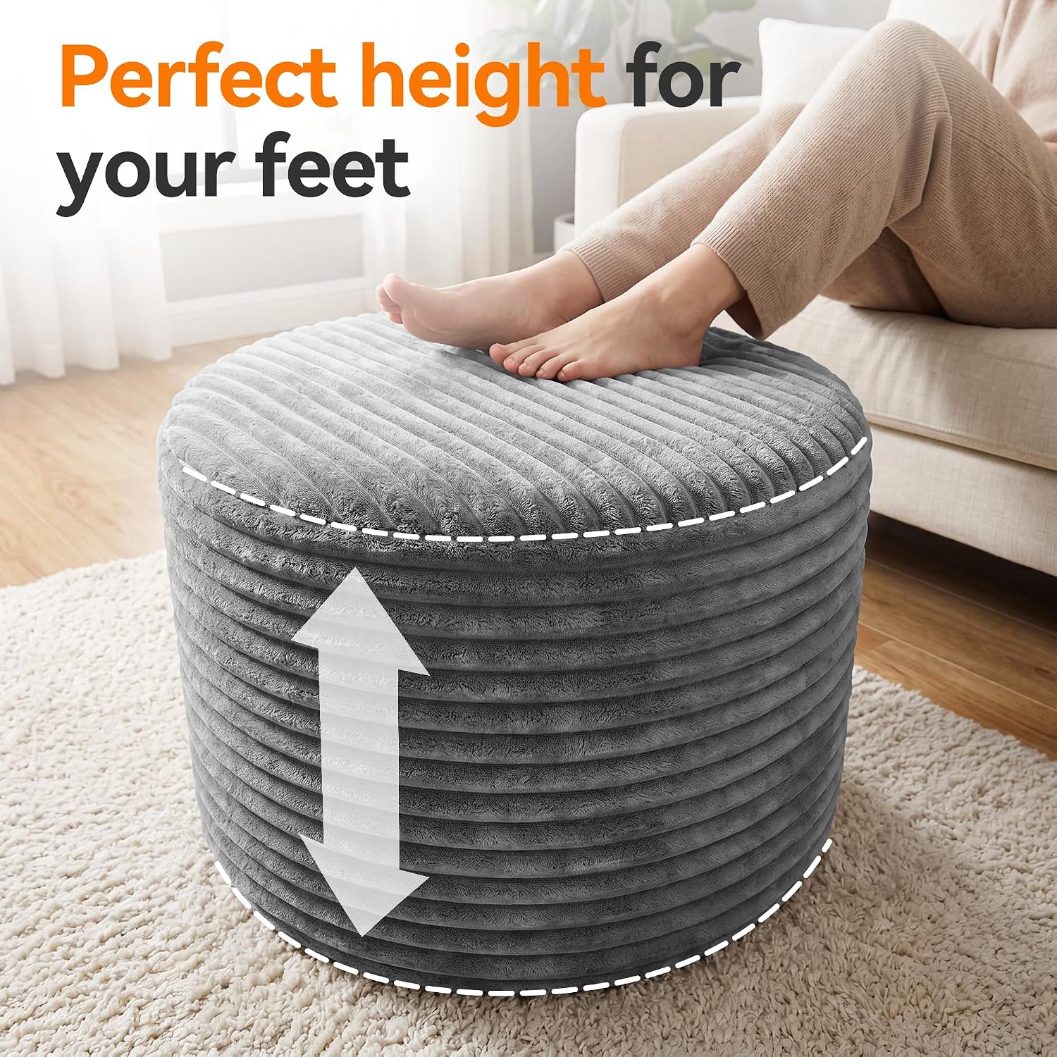 20in Round Pouf Ottoman, Large Corduroy Ottoman Foot Rest with Solid High-Density Foam, Removable Washable Cover, Soft Floor Foot Stool for Living Room, Bedroom, Grey