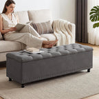 51" Storage Ottoman Bench with Wooden Legs and Soft-Close, Grey | Large End of Bed Bench with Button Tufting, Metal Rivet Accents, Fabric Bedroom Chest for Entryway Living Room Window