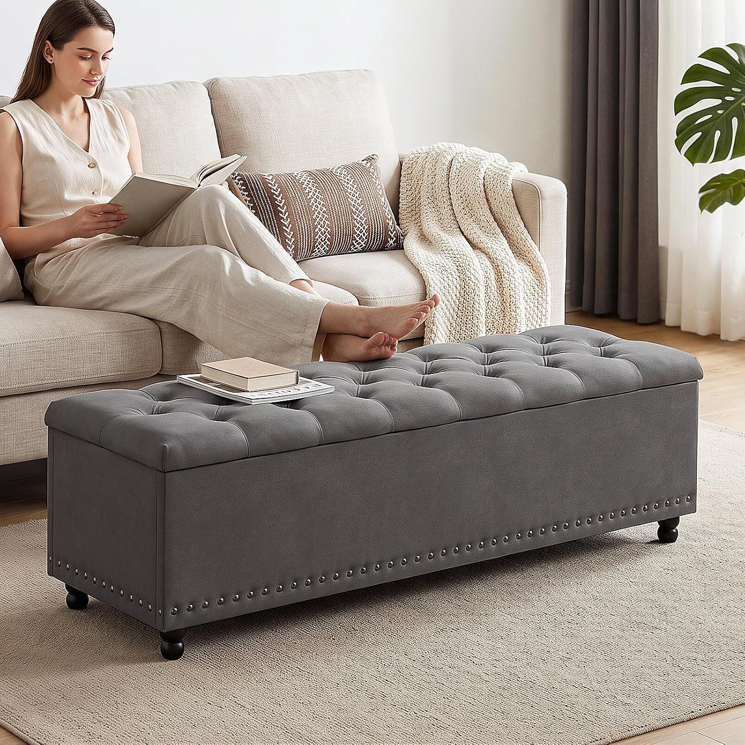 51" Storage Ottoman Bench with Wooden Legs and Soft-Close, Grey | Large End of Bed Bench with Button Tufting, Metal Rivet Accents, Fabric Bedroom Chest for Entryway Living Room Window