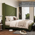 Queen Size Corduroy Upholstered Bed Frame with 65" Tall Headboard,USB Charging Station,Soft Washable Corduroy Cover with Wingback Headboard, Solid Wood Legs/Noise-Free/No Box Spring Needed/Green
