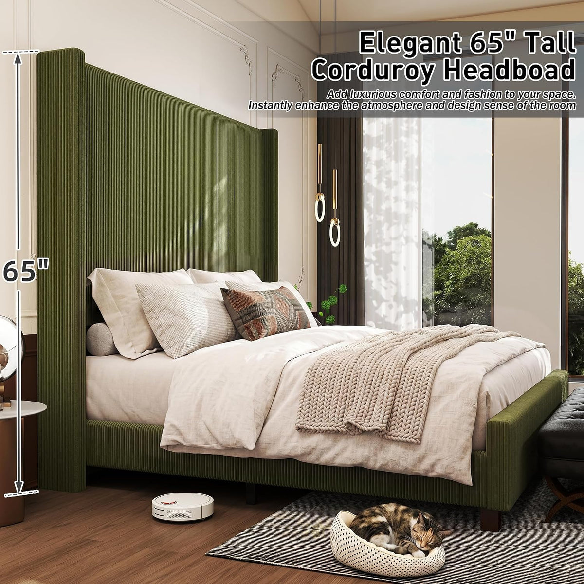 Queen Size Corduroy Upholstered Bed Frame with 65" Tall Headboard,USB Charging Station,Soft Washable Corduroy Cover with Wingback Headboard, Solid Wood Legs/Noise-Free/No Box Spring Needed/Green