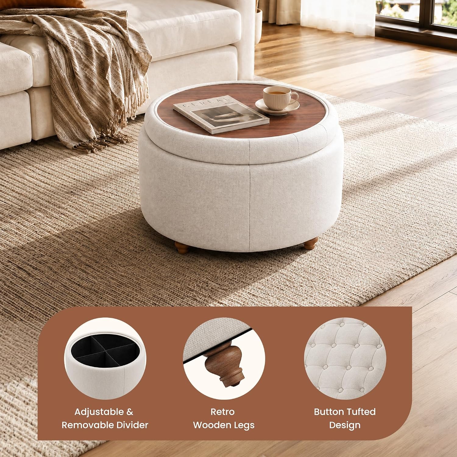 25" Round Ottoman with Storage, Small Coffee Table with Reversible Tray Lid | Tufted Fabric Round Storage Ottoman with Solid Wood Legs, 3-in-1 Footrest for Living Room, Bedroom, Entryway, Camel