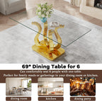 69" Glass Dining Table for 4-6, Luxury Rectangular Kitchen Table with Tempered Glass and Gold Petal-Shaped Base for Dining Room, Living Room