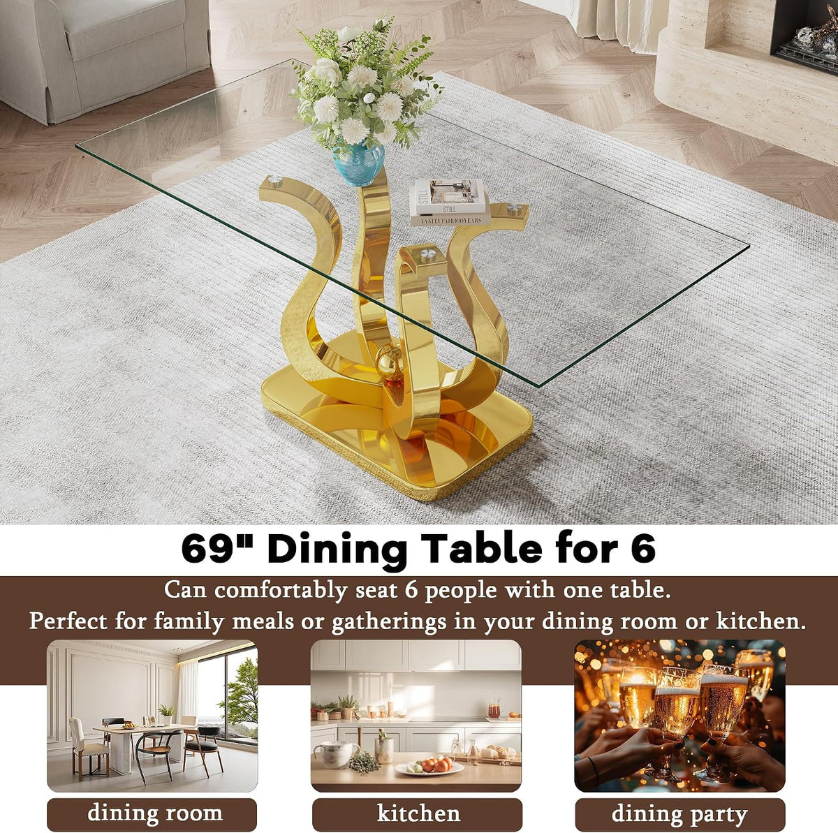 69" Glass Dining Table for 4-6, Luxury Rectangular Kitchen Table with Tempered Glass and Gold Petal-Shaped Base for Dining Room, Living Room