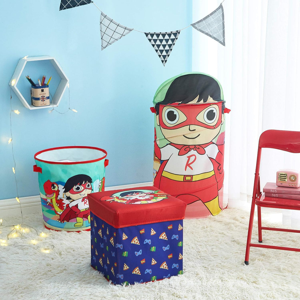 Ryan's World 3 Piece Collapsible Storage Set with Collapsible Ottoman, Bin and Figural Dome Pop Up Hamper