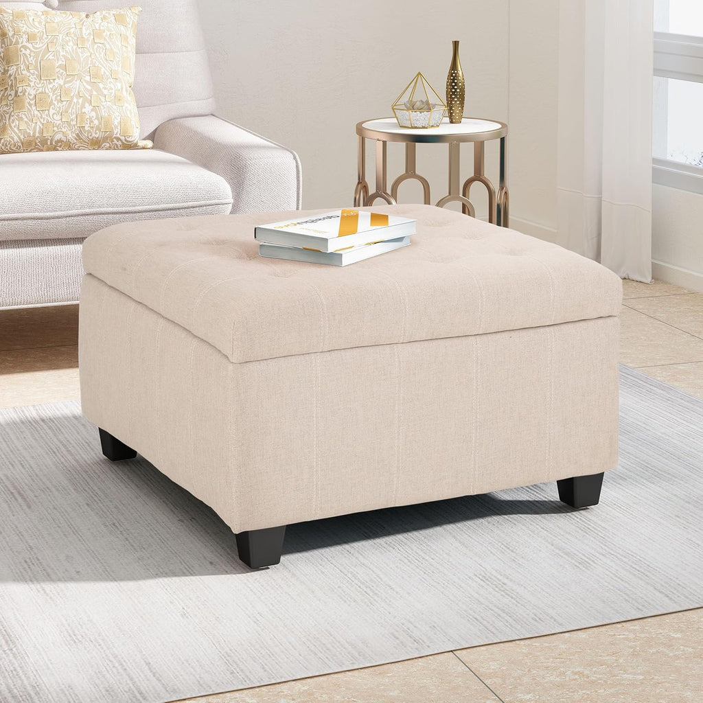 Merax 31" Modern Fabric Square Storage Ottoman, Foot Rest Waffle Stitch Pattern Multifunctional Extra Seat, Side Table, Footstool for Living Room Bedroom, Wheat