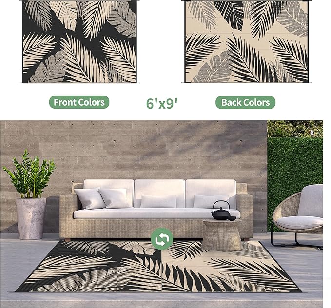 GENIMO Outdoor Rug 6' x 9' Waterproof for Patios Clearance, Reversible Outdoor Plastic Straw Camping Rug Carpet, Large Area Rugs Mats for RV, Camper, Deck, Balcony, Porch, Beach, Picnic, Black&Beige