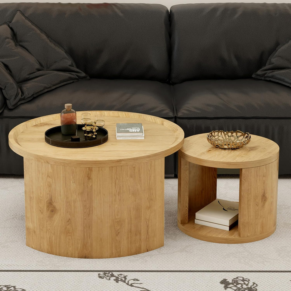 32" Anti-Slip Nesting Tables, Nesting Side Tables with Smooth Wood top, Nesting Coffee Tables with Minimalist Aesthetic for Modern Interior Home Spaces, Natural Wood