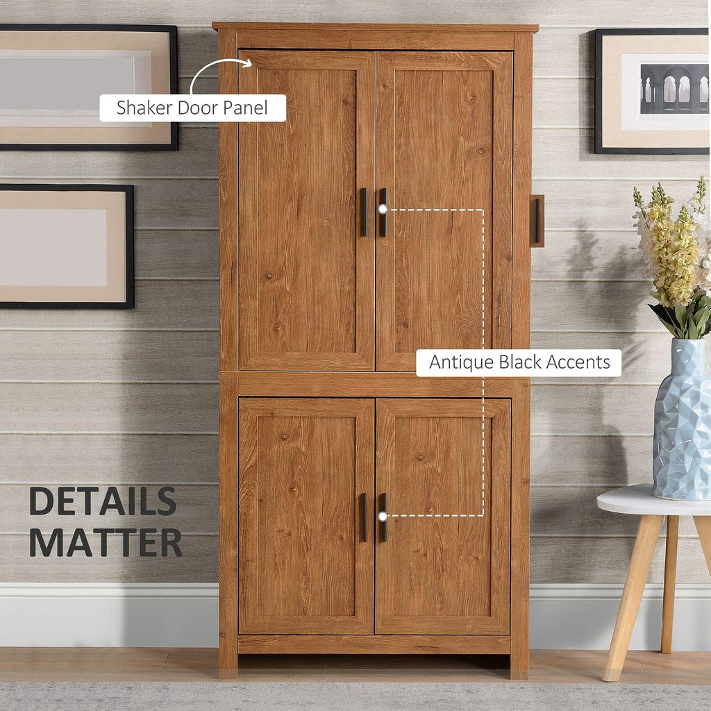 64in Tall Freestanding 4-Door Kitchen Storage Pantry Cabinet with 5-Tier Interior Shelves 3 Adjustable 88lb Maximum Capacity Oak Finish