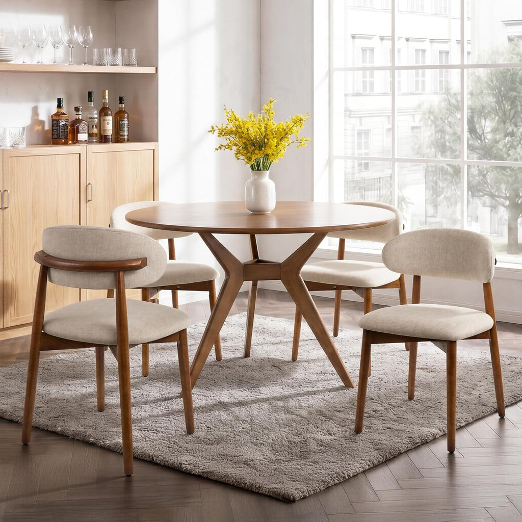 Farmhouse Dining Chairs Set of 4, Mid Century Modern Wooden Velvet Fabric Upholstered Kitchen Chairs with Curve Back, Dining Room Chairs for Living Room Restaurant Cafe with Brown Legs, Warm Gray